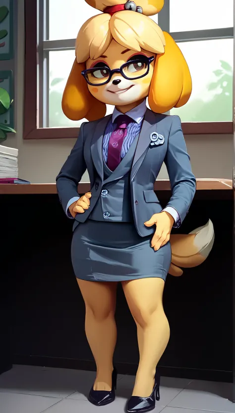 score_9, score_8_up, score_7_up, score_6_up, source_anime, (((three-piece suit))), 1girl, solo, glasses, formal, jewelry, suit, purple necktie, earrings, jacket, waistcoat, shirt, standing, window, dark grey jacket, striped shirt with white collar, grey sk...