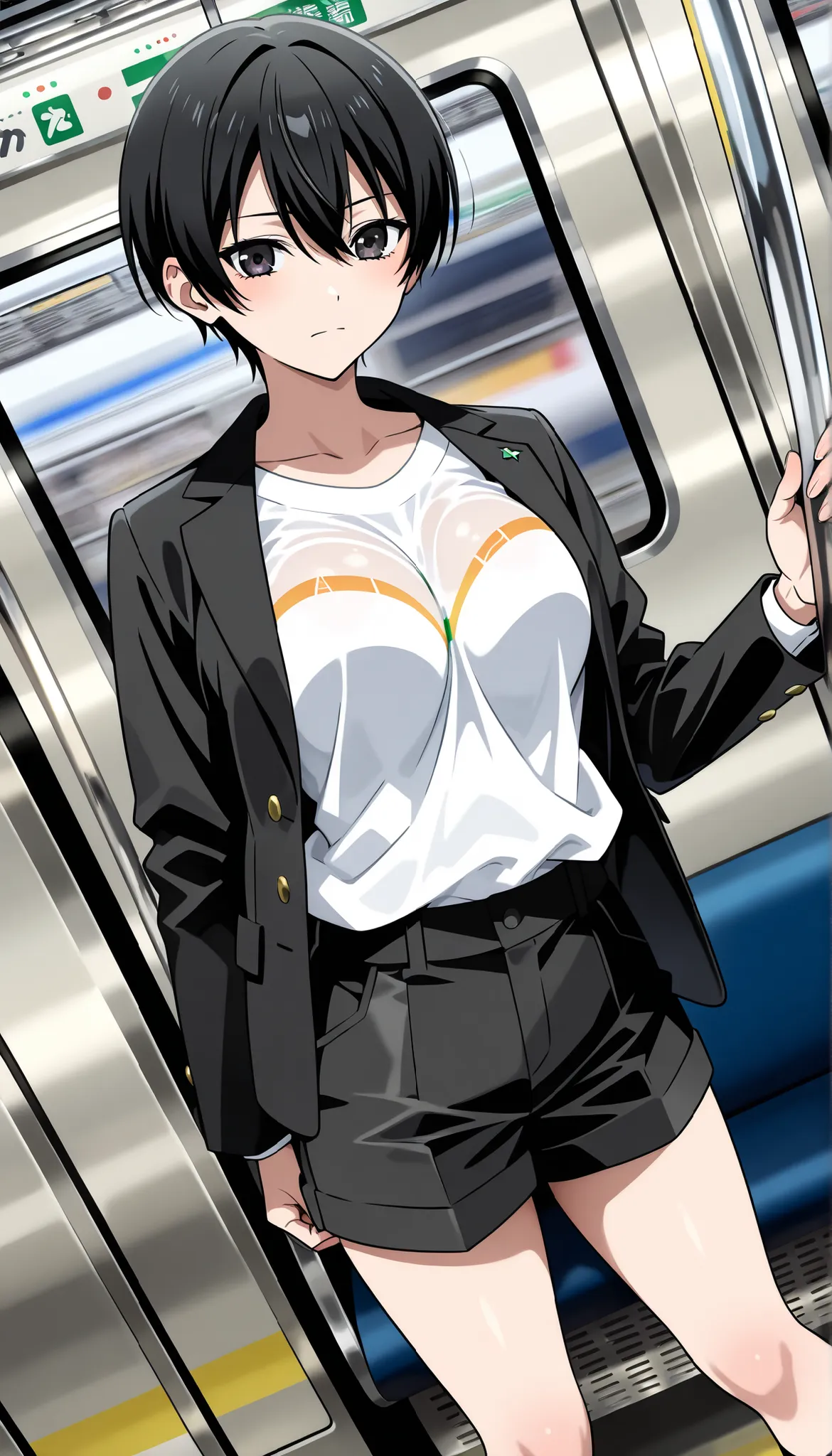 (A beautiful busty gravure idol dating a handsome actor inside a subway train:1.5), (black short hair:1.5)