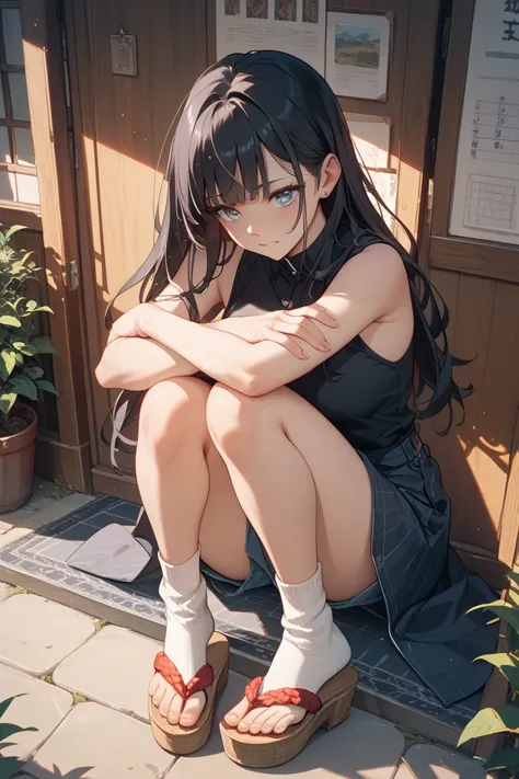 one girl、black hair long hair　、black sleeveless tanding with no pain on both hands、Put your hands on both arms、Shins on both shins、 socks、Sandals