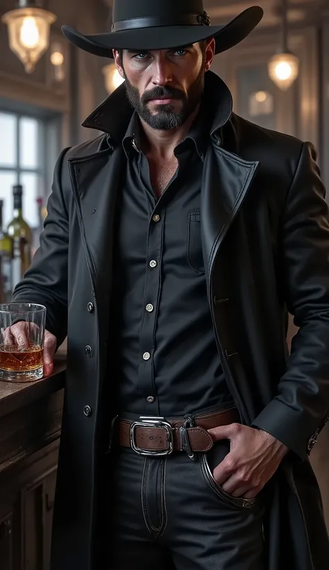 (1 Man) portrait of handsome man (stoic)), (Black hair), (rugged face and stubble, stoic expression), (Firm jaw, (Blue eyes), (Strong face,), at bar counter, glass of whiskey: 1,2, (wearing dark leather overcoat, buttoned shirt, wide-brimmed cowboy hat cas...