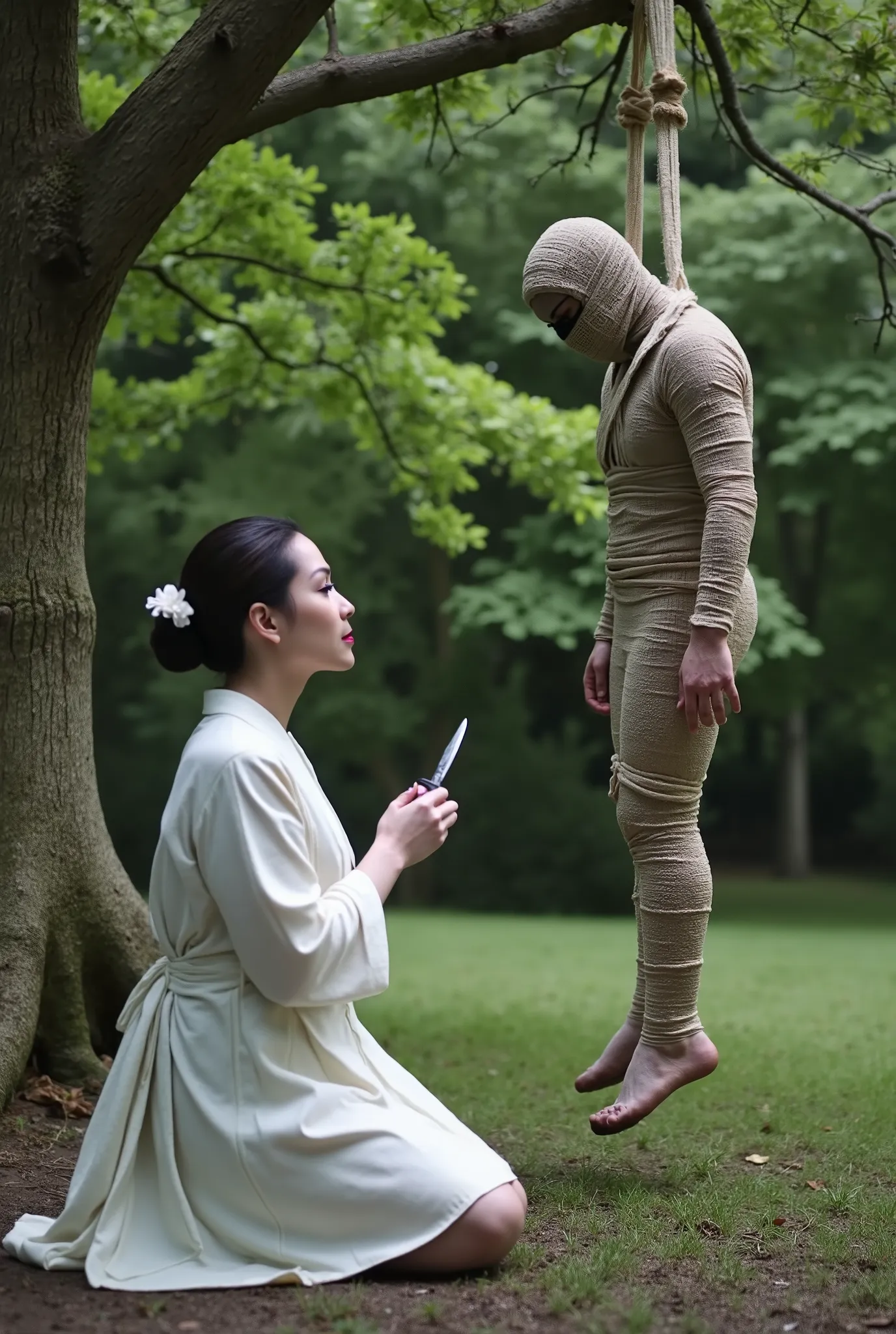 Very beautiful woman, woman luxury white kimono, woman knife, woman kneeling in prayer on the ground, a male, male body dead, male hanging from a tree with a rope around his neck, male mask ninja, male completely tied with rope