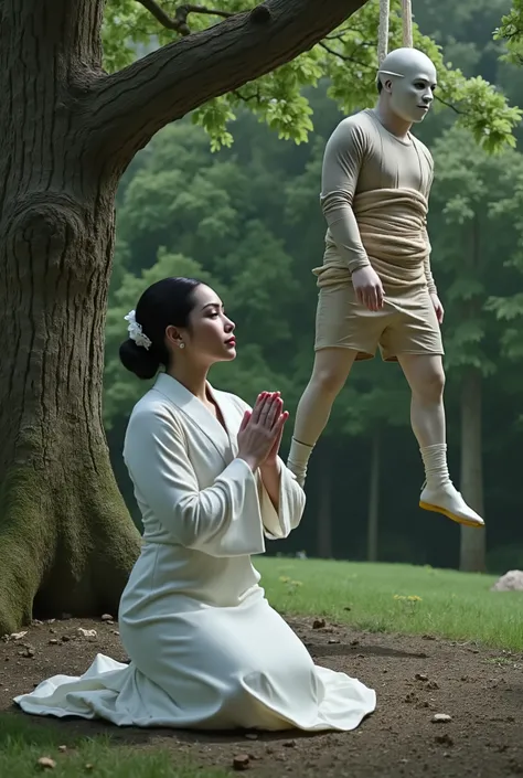 Very beautiful woman, woman luxury white kimono, woman knife, woman kneeling in prayer on the ground, a male, male body dead, male hanging from a tree with a rope around his neck, male mask ninja, male completely tied with rope
