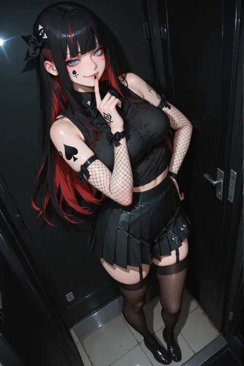 masterpiece, best quality, amazing quality, hyper-detailed, newest, very aesthetic, 1girl, standing , full body, smirk, black hair(Two-tone hair, black hair, red hair), blunt bangs, long hair, tattoo,(black spade tattoo, spade tattoo on face), Bow headband...