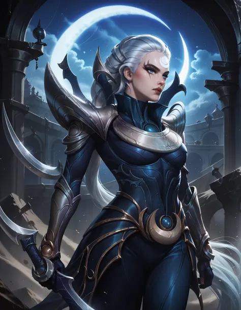 Diana from League of Legends, standing in a moonlit battlefield, long silver hair flowing, piercing pale blue eyes, wearing dark armor with silver crescent moon motifs, holding her large, (curved crescent) blade, dramatic backlighting from a full moon, sub...