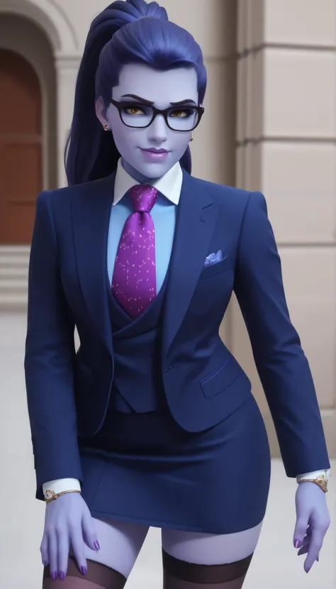 score_9, score_8_up, score_7_up, BREAK
 wdwmakr, owwidowmaker, (((colored skin))), (((blue skin))), head turned, glasses, lipstick, long hair, ponytail, yellow eyes,,lips,1girl,solo,
 three-piece suit, formal, jewelry, dark grey suit, purple necktie, earri...