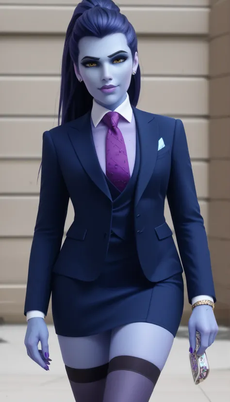 score_9, score_8_up, score_7_up, BREAK
 wdwmakr, owwidowmaker, (((colored skin))), (((blue skin))), head turned, glasses, lipstick, long hair, ponytail, yellow eyes,,lips,1girl,solo,
 three-piece suit, formal, jewelry, dark grey suit, purple necktie, earri...