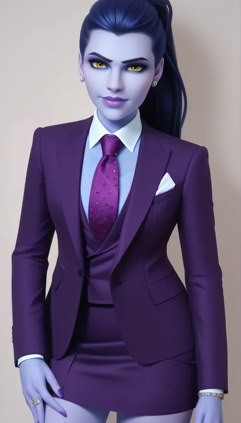 score_9, score_8_up, score_7_up, BREAK
 wdwmakr, owwidowmaker, (((colored skin))), (((blue skin))), head turned, glasses, lipstick, long hair, ponytail, yellow eyes,,lips,1girl,solo,
 three-piece suit, formal, jewelry, dark grey suit, purple necktie, earri...