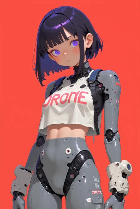 The subject is wearing a white and gray fitted crop top and、has bold red letters like this "drone," has futuristic elements such as metallic, tech-like designs on the top. The hairstyle is dark, Slightly wavy, Up to the shoulder, adds dynamic elements to t...