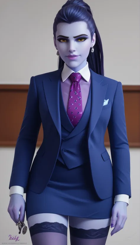 score_9, score_8_up, score_7_up, BREAK
 wdwmakr, owwidowmaker, (((colored skin))), (((blue skin))), head turned, glasses, lipstick, long hair, ponytail, yellow eyes,,lips,1girl,solo,
 three-piece suit, formal, jewelry, dark grey suit, purple necktie, earri...