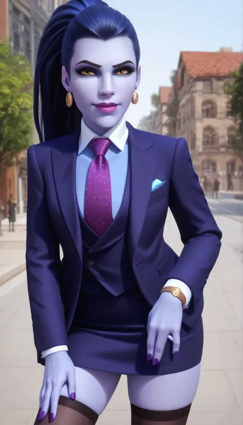 score_9, score_8_up, score_7_up, BREAK
 wdwmakr, owwidowmaker, (((colored skin))), (((blue skin))), head turned, glasses, lipstick, long hair, ponytail, yellow eyes,,lips,1girl,solo,
 three-piece suit, formal, jewelry, dark grey suit, purple necktie, earri...