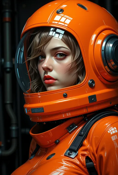 close-up portrait of a young girl, in a cold and rebellious manner, wearing a detailed, realistic orange spacesuit. The woman has white skin. Her expression is gentle and focused, her gaze is slightly depressed. Her Hair, medium brown , Falling into a l...