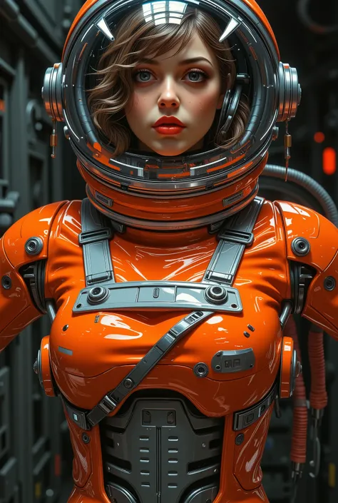 close-up portrait of a young girl, in a cold and rebellious manner, wearing a detailed, realistic orange spacesuit. The woman has white skin. Her expression is gentle and focused, her gaze is slightly depressed. Her Hair, medium brown , Falling into a l...