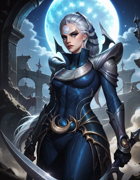 Diana from League of Legends, standing on a crescent-lit battlefield, long silver hair flowing, piercing pale blue eyes, wearing dark armor with silver crescent moon motifs, holding her large, (curved crescent) blade, dramatic backlighting from a full moon...