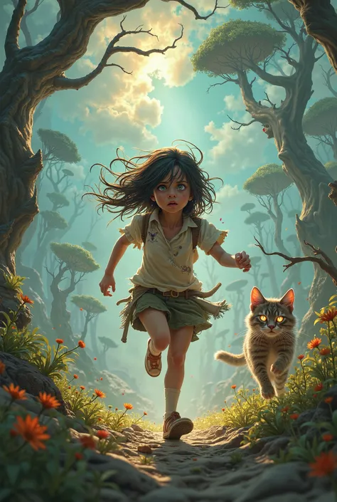 A girl running in terror and a cat behind her. Give me a semi-real, fantastic scene. 