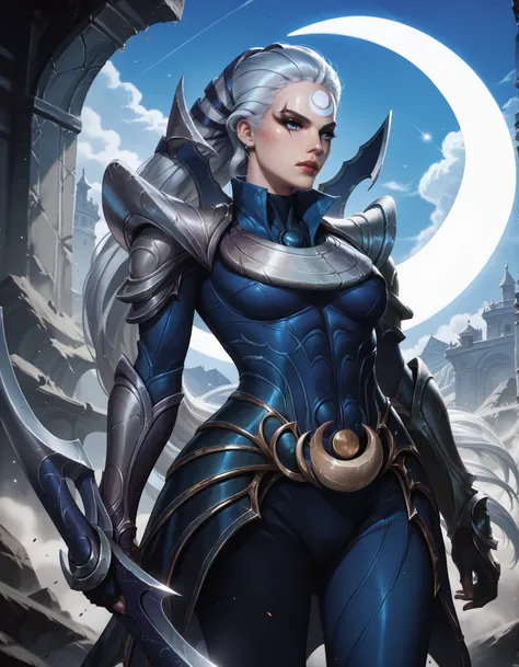 Diana from League of Legends, standing on a crescent-lit battlefield, long silver hair flowing, piercing pale blue eyes, wearing dark armor with silver crescent moon motifs, holding her large, (curved crescent) blade, dramatic backlighting from a full moon...