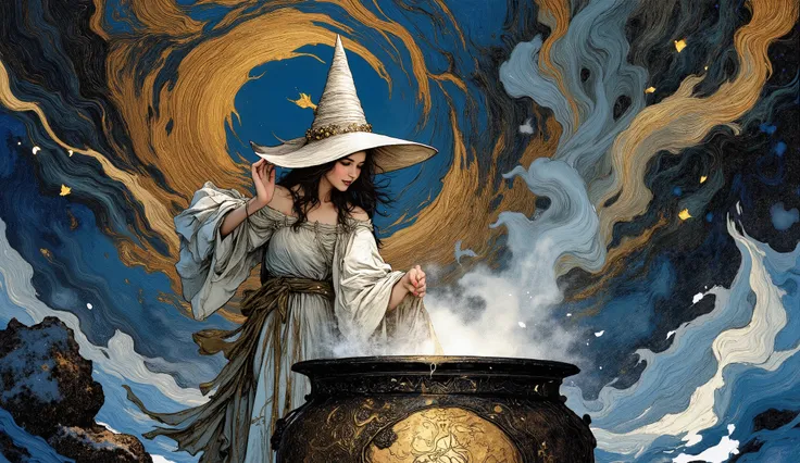 Whimsical art style, surreal fantasy, ethereal art. A young witch wearing a pointed hat, stirs a cauldron of "Instant Regret Remover", bubbles rise from the potion. Artstation, cinematic lighting, Alphonse Mucha fantasy art artifacts, Rossdraws, Krenz Cush...