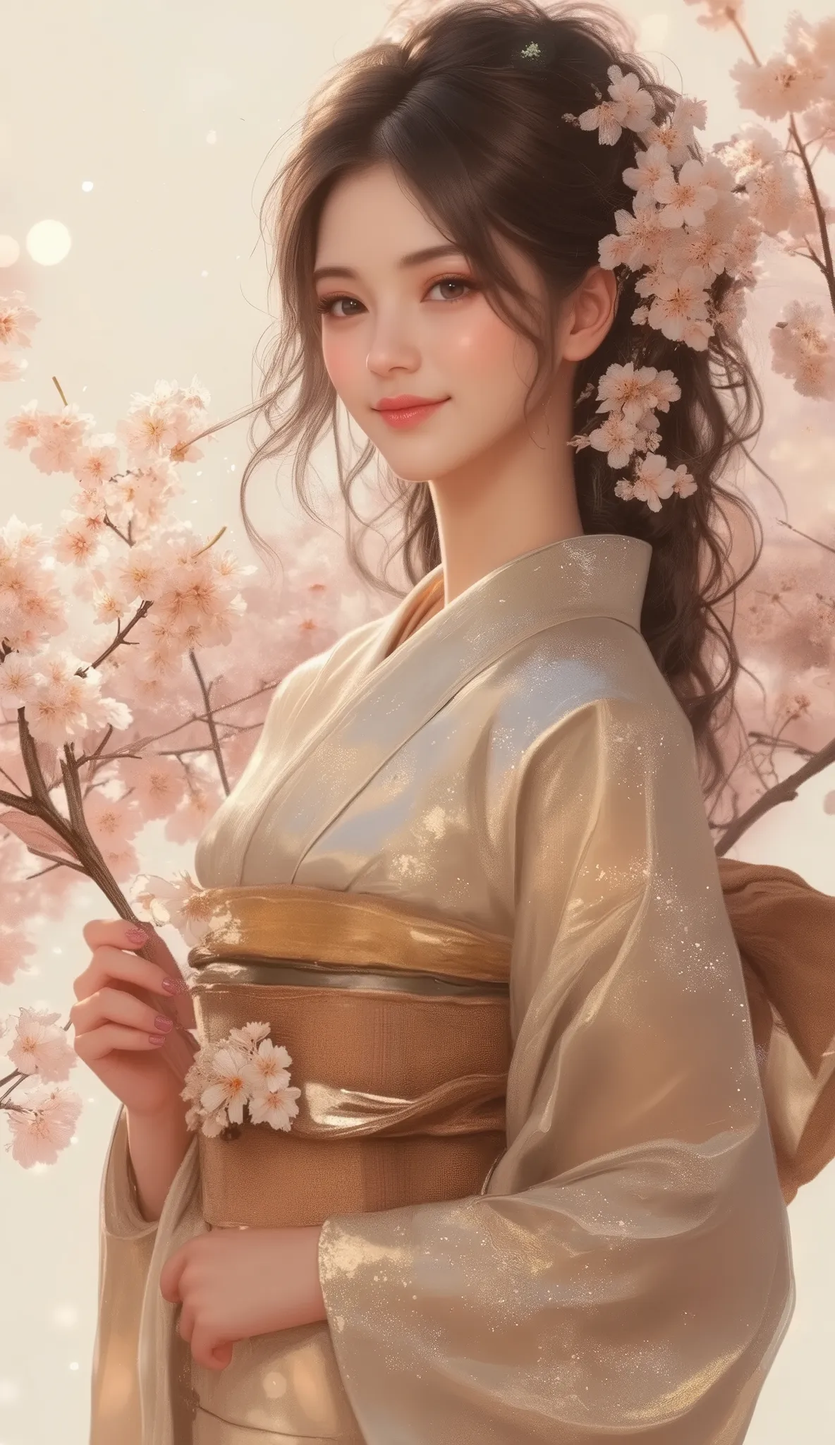 (((Watercolor brown paint :6、 acrylic paint )))、 cherry blossoms、Girl holding a cherry branch、 happy expression、 smile、Cabello largo Shinete y detallado、 black hair、 Detailed Kimono、 Textured belt、Tie the obi、( Shine、 fluffy 、bokeh)、((( dark sepia fil...
