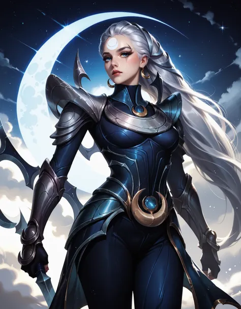 Diana from League of Legends, standing on a crescent-lit battlefield, long silver hair flowing, piercing pale blue eyes, wearing dark armor with silver crescent moon motifs, holding her (large), (curved crescent) blade, dramatic backlighting from a full mo...