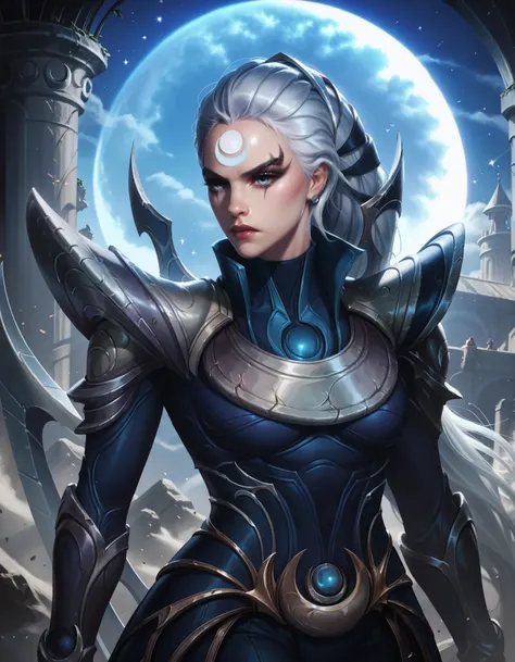 Diana from League of Legends, standing in a moonlit battlefield, long silver hair flowing, piercing pale blue eyes, wearing dark armor with silver crescent moon motifs, holding her large, (curved crescent) blade, dramatic backlighting from a full moon, sub...