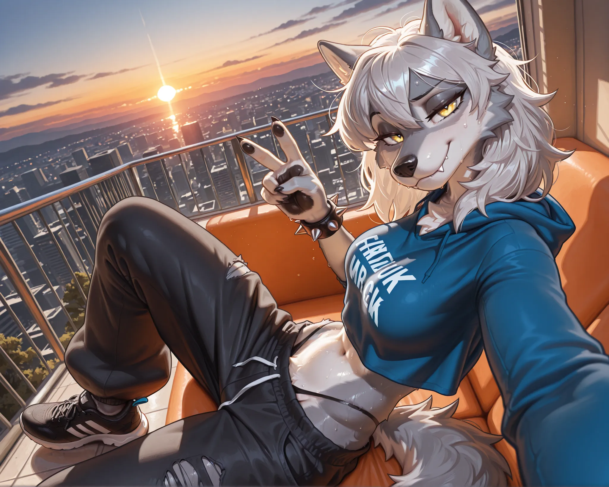 masterpiece, best quality, amazing quality, very aesthetic, high resolution, ultra-detailed, absurdres, newest, scenery, 1girl, wolf, gray fur, furry female, yellow eyes, gray hair, messy hair, medium hair, (21-year-old boy), cocky smile, looking at the vi...