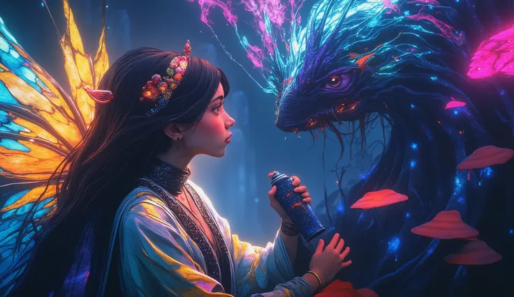 Close-up portrait of ethereal fairy artist with gossamer wings glowing with internal bioluminescence, intense focus as she creates psychedelic graffiti murals across massive alien mushroom landscape, flowing iridescent robes with intricate embroidered patt...