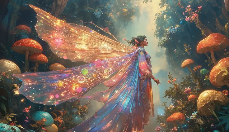 Aerial view of ethereal fairy artist with magnificent translucent wings spread wide, hovering above colossal mushroom forest while creating elaborate graffiti masterpiece, flowing iridescent robes billowing upward defying gravity, surreal otherworldly gard...