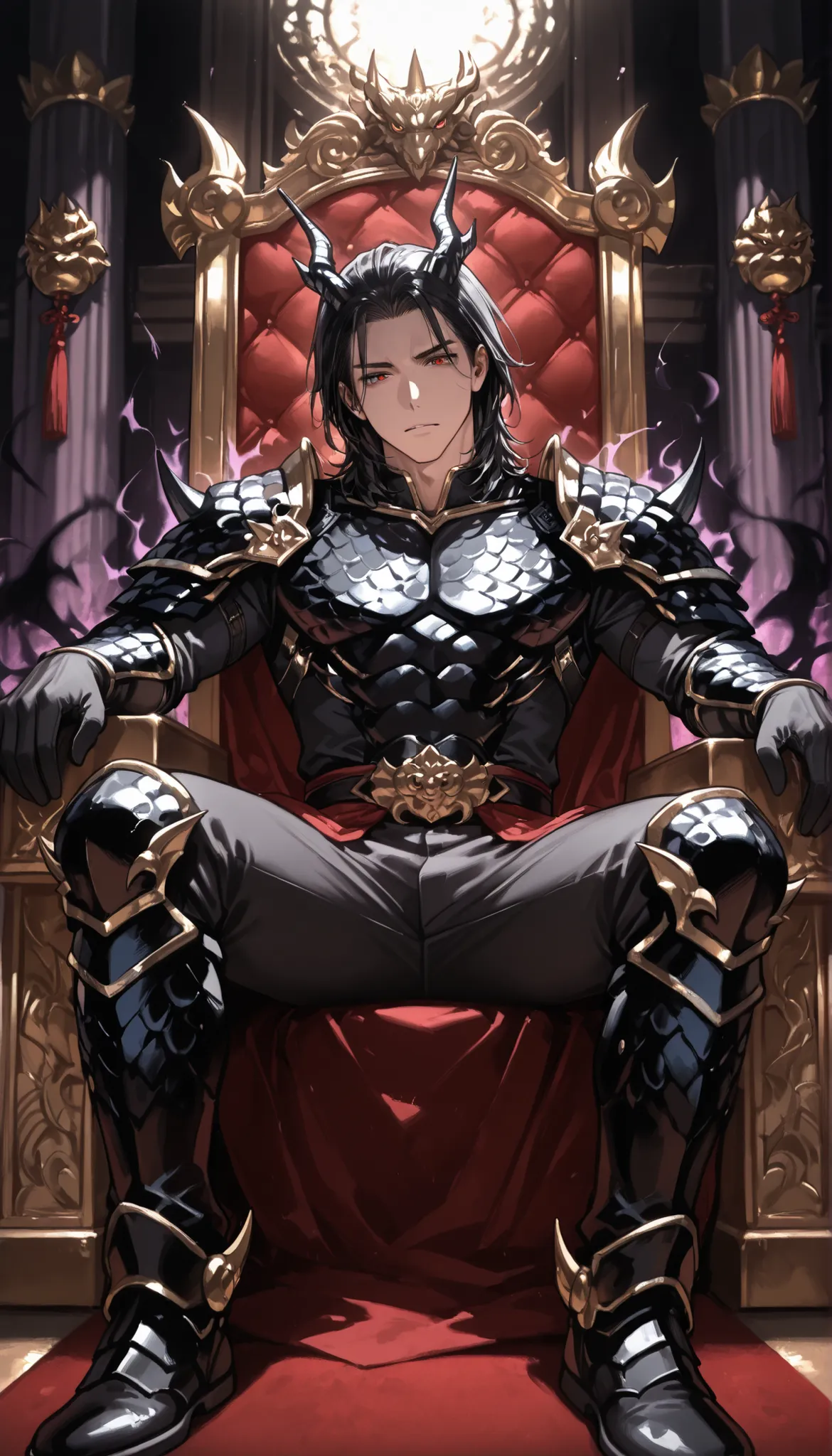 yakuza young boy, ,medium hair, handsome, black dragon armor suit, dragon boots Japanese dragon decoration、sitting, throne, dragon hall, black aura