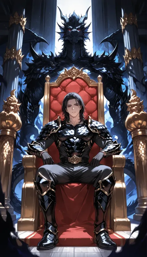 yakuza young boy, ,medium hair, handsome, black dragon armor suit, dragon boots Japanese dragon decoration、sitting, throne, dragon hall, black aura