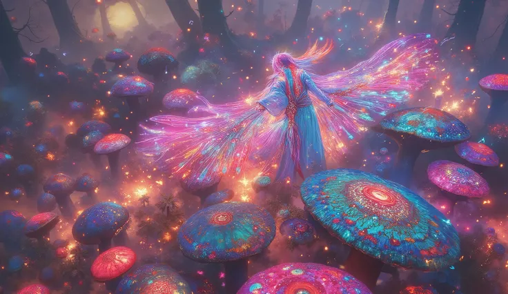 Aerial view of ethereal fairy artist with magnificent translucent wings spread wide, hovering above colossal mushroom forest while creating elaborate graffiti masterpiece, flowing iridescent robes billowing upward defying gravity, surreal otherworldly gard...
