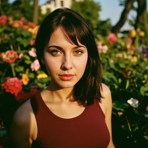 "Cinematic film still in the visual style of Pedro Almodóvar, close-up from the waist up of a striking woman standing in a lush, vibrant garden with dense green foliage and richly colored flowers. She has long, straight black hair, fair skin, and intensely...