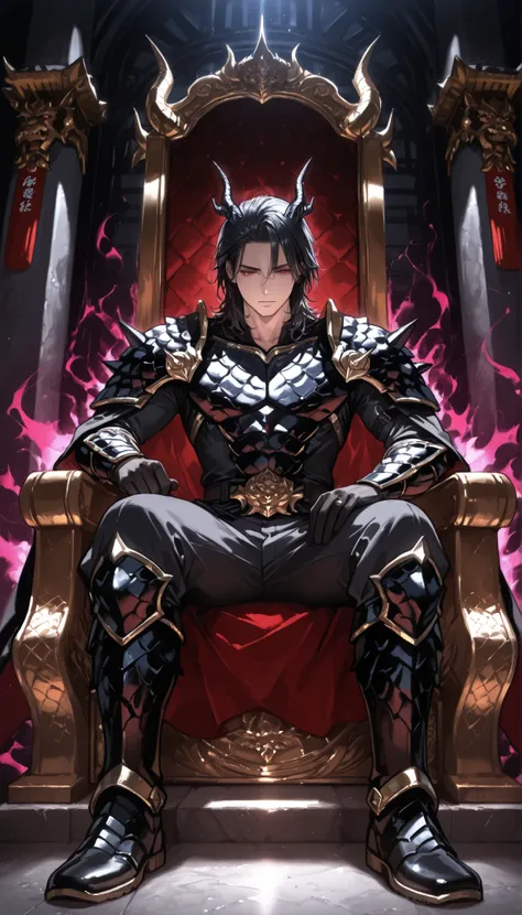 yakuza young boy, ,medium hair, handsome, black dragon armor suit, dragon boots Japanese dragon decoration、sitting, throne, dragon hall, black aura
