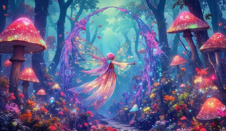 Aerial view of ethereal fairy artist with magnificent translucent wings spread wide, hovering above colossal mushroom forest while creating elaborate graffiti masterpiece, flowing iridescent robes billowing upward defying gravity, surreal otherworldly gard...