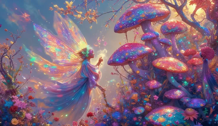 Aerial view of ethereal fairy artist with magnificent translucent wings spread wide, hovering above colossal mushroom forest while creating elaborate graffiti masterpiece, flowing iridescent robes billowing upward defying gravity, surreal otherworldly gard...