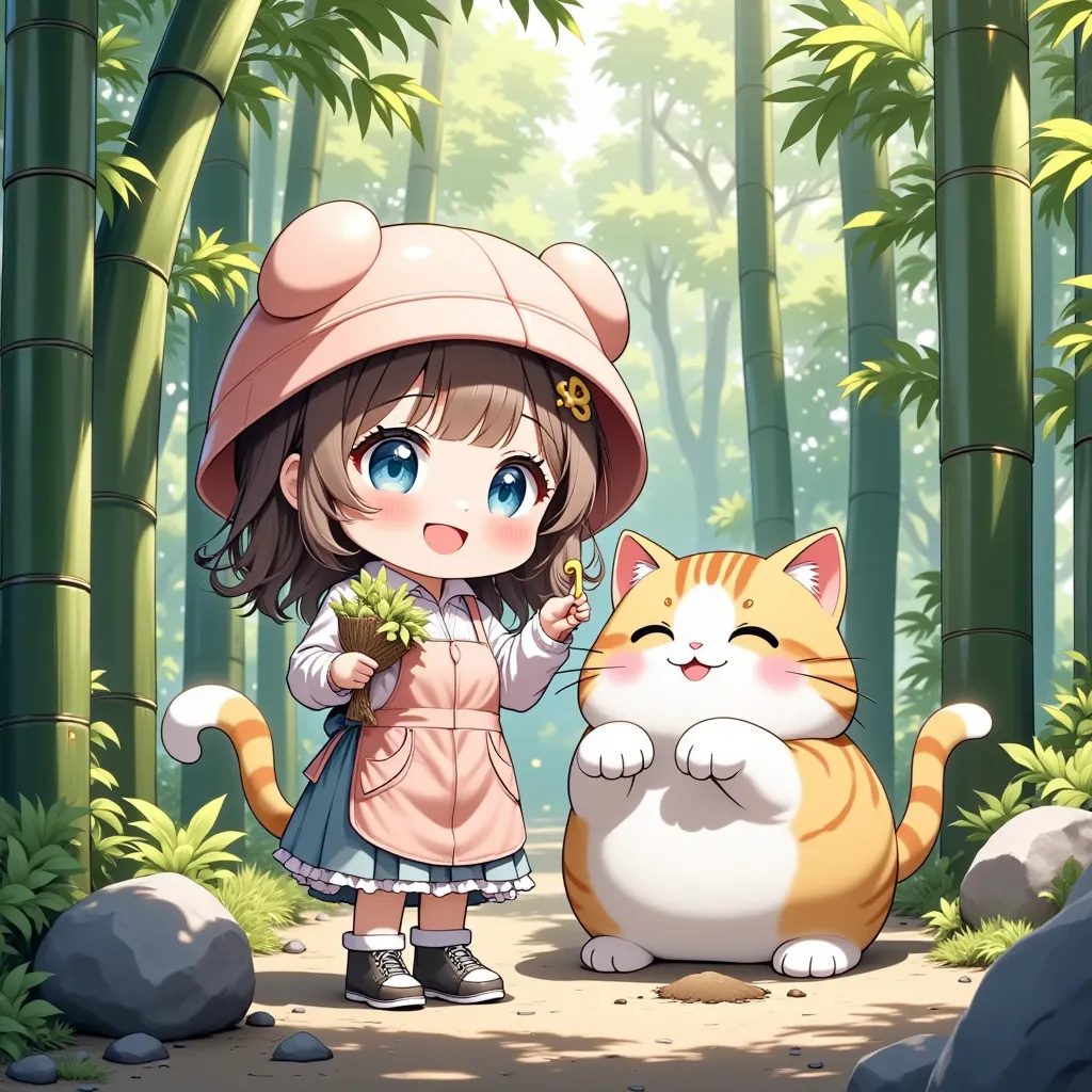 ultra detailed Animation, dramatic scene, shadow, perfect anatomy, accurate limb proportions, chibi girl\( Japanese famous young idol chibi girl, chibi, very beautiful with very cute face, large breasts, slim waist, wearing a casual outdoor wear with pastel colored nylon jacket, outdoor boots, hair accessories\), cat\( cute tabby cat, cute face, extremely detailed fur, intricated pattern\), bamboo forest in spring, anime chibi girl wearing a cute hat and apron, holding a small shovel, her giant cat playfully digging with its big paw, freshly unearthed bamboo shoots nearby, soft sunlight filtering through the bamboo, vibrant green hues, calm and cheerful atmosphere, traditional Japanese elements, springtime vibes