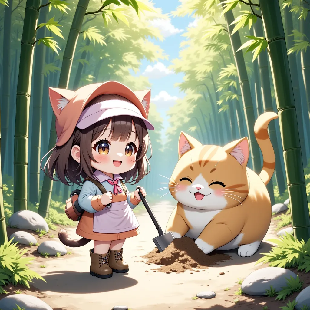 ultra detailed Animation, dramatic scene, shadow, perfect anatomy, accurate limb proportions, chibi girl\( Japanese famous young idol chibi girl, chibi, very beautiful with very cute face, large breasts, slim waist, wearing a casual outdoor wear with pastel colored nylon jacket, outdoor boots, hair accessories\), cat\( cute tabby cat, cute face, extremely detailed fur, intricated pattern\), bamboo forest in spring, anime chibi girl wearing a cute hat and apron, holding a small shovel, her giant cat playfully digging with its big paw, freshly unearthed bamboo shoots nearby, soft sunlight filtering through the bamboo, vibrant green hues, calm and cheerful atmosphere, traditional Japanese elements, springtime vibes