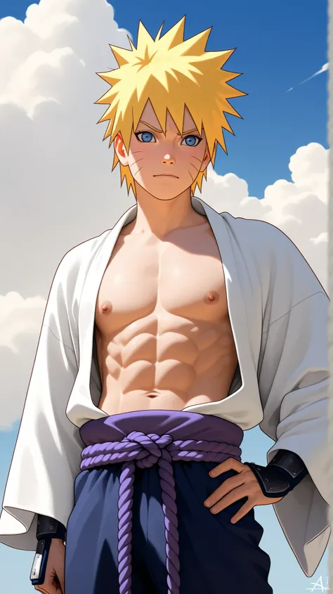 “A high-definition anime-style boy illustration of Naruto Uzumaki He wears a long sleeve white kimono that is left open at the torso, revealing his chest and abs. Naruto has his signature spiky blond hair, blue eyes,semi-realistic anime artstyle, and clean...