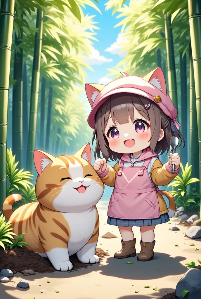 ultra detailed Animation, dramatic scene, shadow, perfect anatomy, accurate limb proportions, chibi girl\( Japanese famous young idol chibi girl, chibi, very beautiful with very cute face, large breasts, slim waist, wearing a casual outdoor wear with pastel colored nylon jacket, outdoor boots, hair accessories\), cat\( cute tabby cat, cute face, extremely detailed fur, intricated pattern\), bamboo forest in spring, anime chibi girl wearing a cute hat and apron, holding a small shovel, her giant cat playfully digging with its big paw, freshly unearthed bamboo shoots nearby, soft sunlight filtering through the bamboo, vibrant green hues, calm and cheerful atmosphere, traditional Japanese elements, springtime vibes