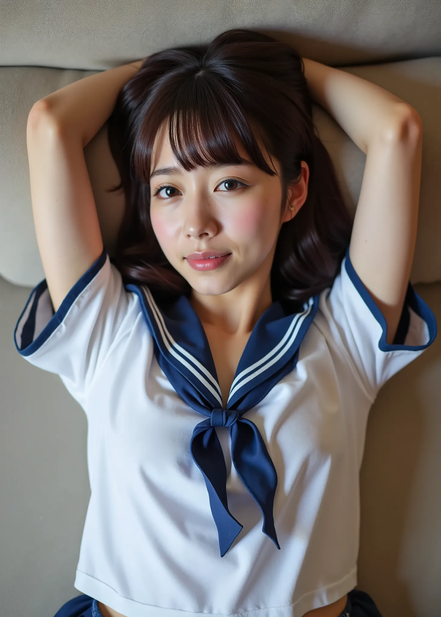 ( photos, upper body shot), perfect figure, very pretty, Japanese high school student, office reception room, lie down on your back on the sofa, Japanese sailor school shirts, Photos taken from above by viewers, Suggested gender, upper body close-up, missi...