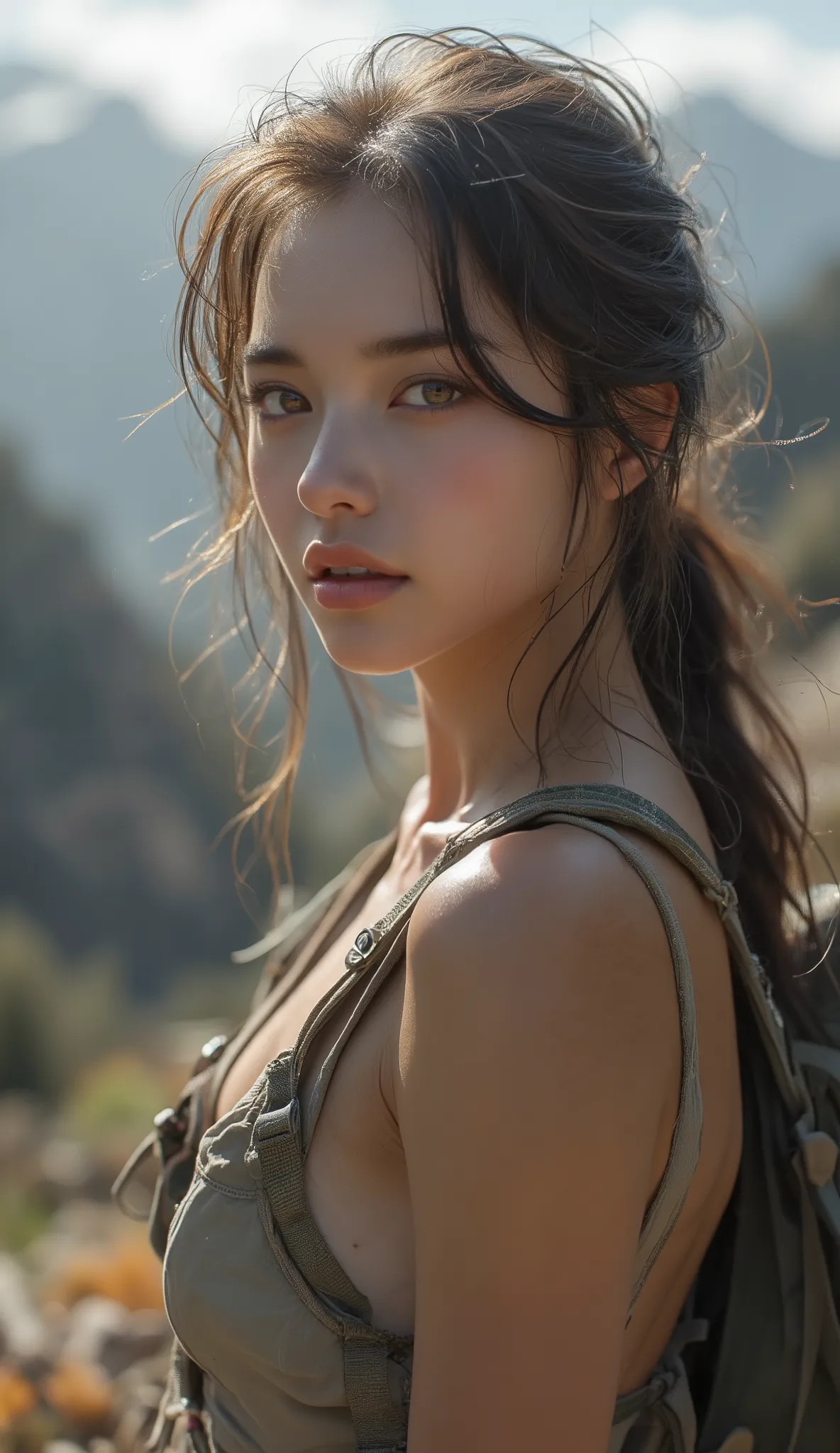 no, Ray tracing, Radio City, Anisotropic filtration, 16,000, best quality, 1 woman, alone, beautiful mountain climber, Hiking clothing, Gradient long hair, climbing equipment、sunset、big breasts 、valley, Solo, 8k, photoshoot, perfect body, perfect skin, sli...