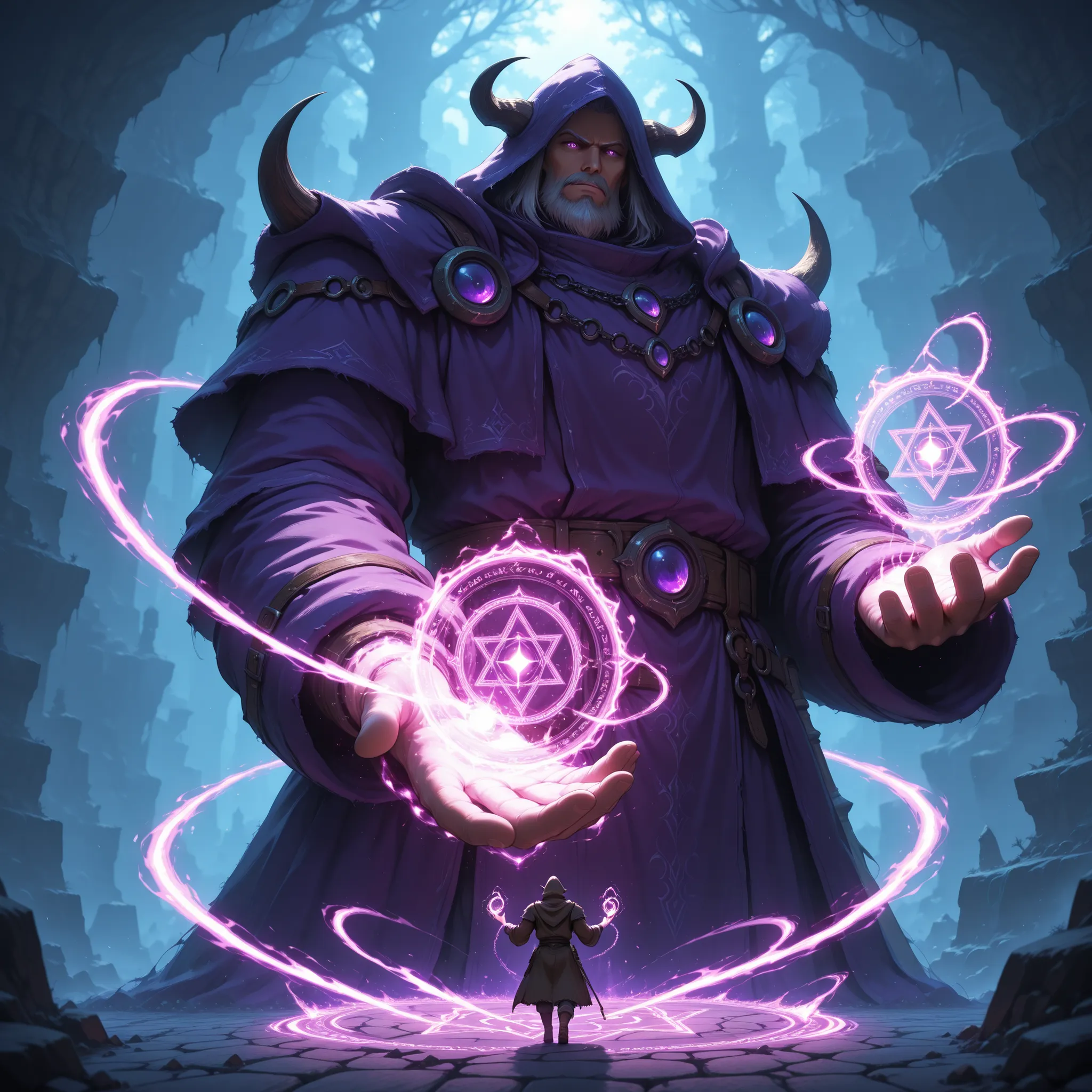 (Microworld,fantasy, final boss ,Giant's hand in the background,spell magic,purple magic effect )