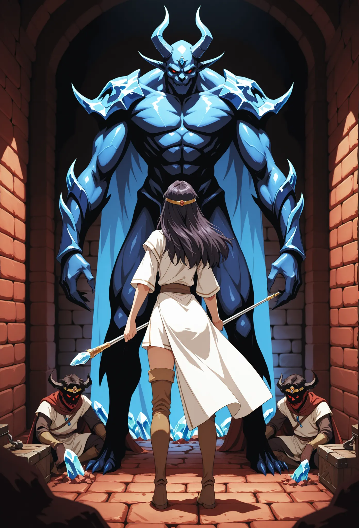 A maiden with dark hair wearing a short white tunic, thigh-high hide boots and circlet, holding a short rod with a blue crystal tip, back turned, facing a massive eight-armed demon, inside a red brick dungeon, in full view in a highly detailed anime style