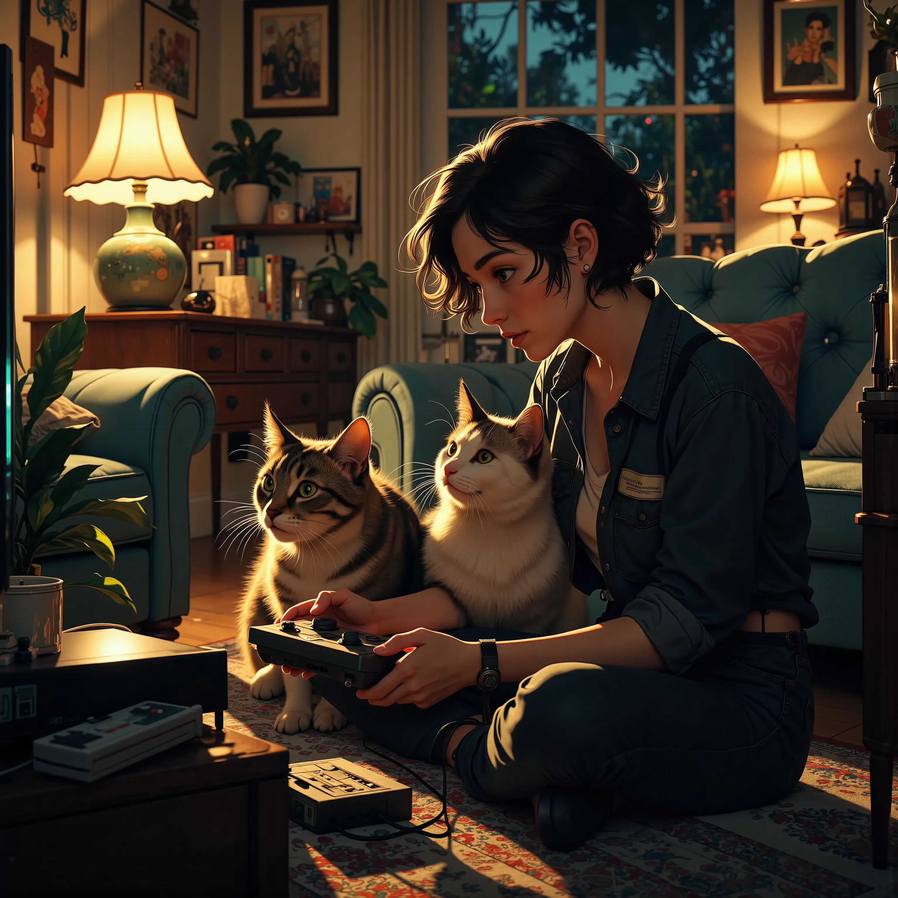 8k, ultra high res, ultra detailed, masterpiece, best quality, super realistic pictures, professional, POV, living room, play on Nintendo Entertainment System, cat, television, Black screen