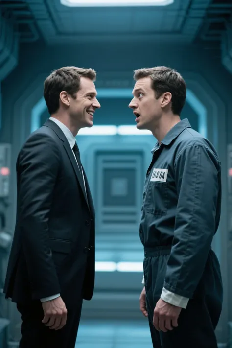 Science fiction movies、Two men in their thirties are facing each other、 twins、The two have the same face and the same hairstyle、From left to right、the person on the left is a smiling person wearing a suit、the person on the right is surprised、the person on the right is wearing prisoner clothes