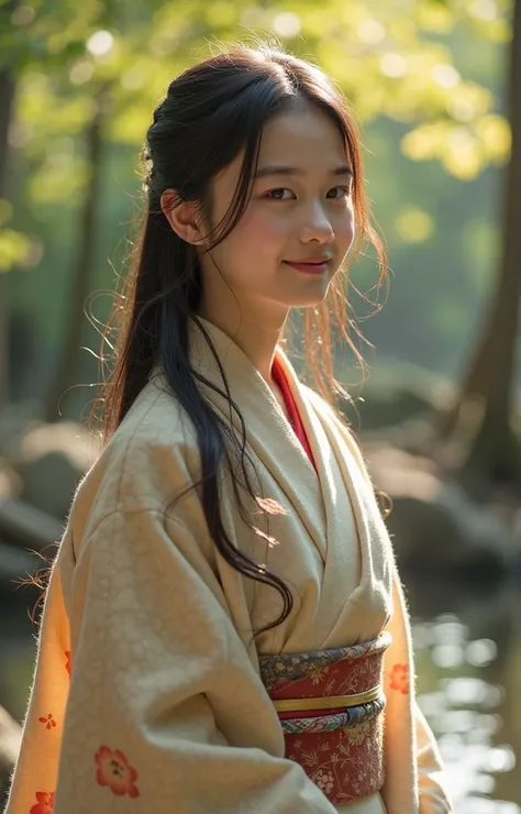 A real, slender, 18-year-old Oriental Japanese girl standing near a hot spring inside a spring forest. She is wearing a thick lambswool traditional Wafuku (kimono), smiling warmly with a humanity smile. She has delicate facial features, black eyes, soft nose, slim fingers, visible slender legs, thin waist, small chest, gentle hips. Her lush, beyond-floor-length black hair flows slightly in a soft breeze.

Her entire slim body must be fully visible: face, hair, hands, chest, waist, hips, legs, feet, shoes, with natural body curve and streamlined posture.

The background is a vibrant spring forest with soft sunlight filtering through fresh leaves, ambient warm light, slightly misty and dreamlike atmosphere.

Extremely detailed hair strands, soft lambswool texture with visible fibers, delicate face shading, natural skin texture.

Focus on the girl, background slightly blurred. The entire scene should convey warmth, purity, gentleness, and a pure soul energy.