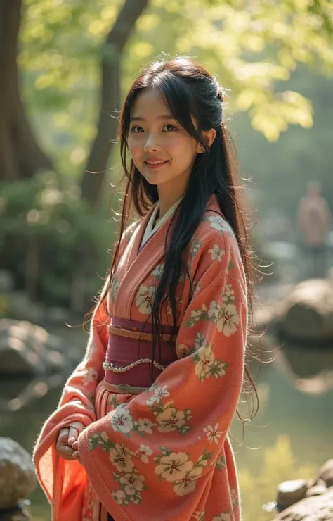 A real, slender, 18-year-old Oriental Japanese girl standing near a hot spring inside a spring forest. She is wearing a thick lambswool traditional Wafuku (kimono), smiling warmly with a humanity smile. She has delicate facial features, black eyes, soft nose, slim fingers, visible slender legs, thin waist, small chest, gentle hips. Her lush, beyond-floor-length black hair flows slightly in a soft breeze.

Her entire slim body must be fully visible: face, hair, hands, chest, waist, hips, legs, feet, shoes, with natural body curve and streamlined posture.

The background is a vibrant spring forest with soft sunlight filtering through fresh leaves, ambient warm light, slightly misty and dreamlike atmosphere.

Extremely detailed hair strands, soft lambswool texture with visible fibers, delicate face shading, natural skin texture.

Focus on the girl, background slightly blurred. The entire scene should convey warmth, purity, gentleness, and a pure soul energy.