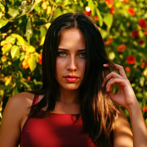 "Cinematic film still in the visual style of Pedro Almodóvar, close-up from the waist up of a striking woman standing in a lush, vibrant garden with dense green foliage and richly colored flowers. She has long, straight black hair, fair skin, and intensel...