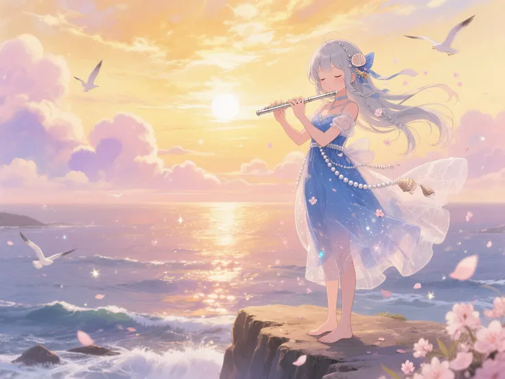 A super cute anime girl standing gracefully on the edge of a seaside cliff at golden sunset, wearing a flowing marine-blue dress adorned with pearl-like sparkles and translucent silk layers that catch the wind. Her long, silvery hair flows behind her like waves, delicately braided with seashell ornaments and tiny sakura petals. She plays a shiny silver flute, her small fingers poised with elegance, eyes gently closed in serene concentration. The sky is a dazzling display of warm watercolor gradients—glowing gold, soft rose pink, and dreamy violet—filled with fluffy, ethereal clouds. Below, the ocean shimmers like liquid glass, glowing with vivid reflections of the sunset. Soft glowing petals and sparkles swirl around her like magical stardust. Seagulls fly calmly in the distance, enhancing the peaceful, poetic mood. The scene is rendered in Itaru Hinoue style moe anime style, featuring soft pastel tones, expressive sparkling eyes, fine-line character details, and a romantic, otherworldly atmosphere. Highly detailed, dreamy and fantastical, with extra emphasis on the stunning sky and sea.
