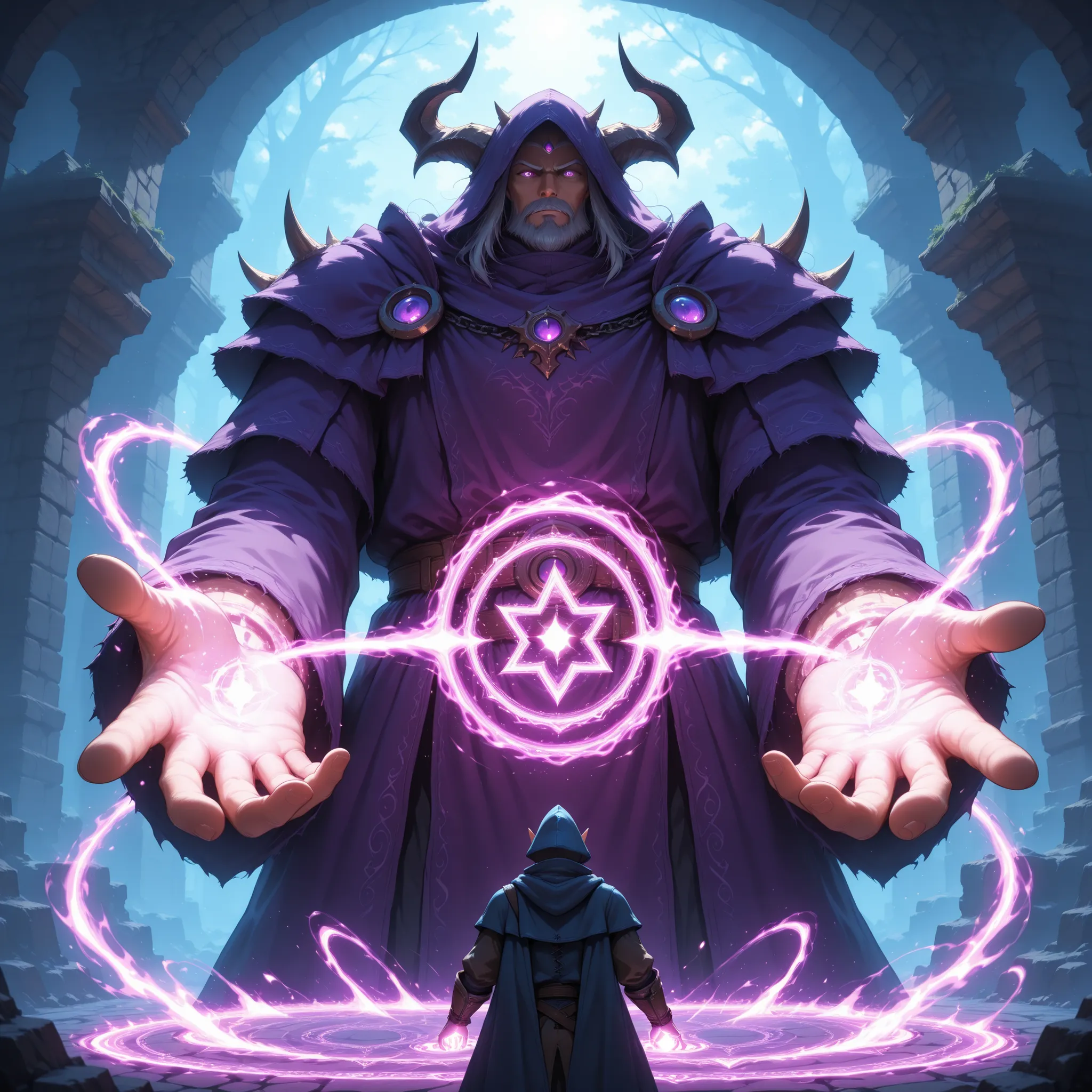(Microworld,fantasy, final boss ,Giant's hand in the background,spell magic,purple magic effect )