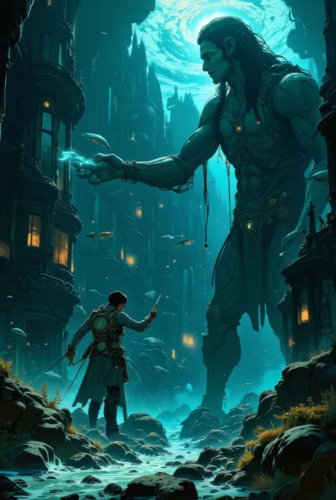 Epic underwater battle in a semi-realistic style. A lone warrior with short hair and sleek underwater armor lunges with a glowing harpoon toward a towering, ghostly siren queen. The siren is shown in full body, ethereal and intimidating, with long flowing ...