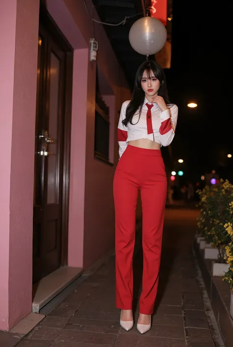 Night realistic Asian girl standing pants black hair red shorts red pants movie tight pants white heels long sleeve shirt 